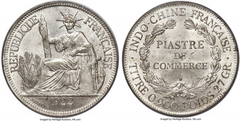 French Colony Piastre 1922-H MS63 PCGS, Heaton mint, KM5a.3, Lec-299. Satiny res...