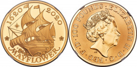 Elizabeth II gold Proof "Mayflower 400th Anniversary" 100 Pounds (1 oz) 2020 PR70 Ultra Cameo NGC, KM-Unl. Mintage: 500. The 88th coin struck in the t...