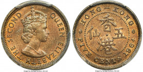 British Colony. Elizabeth II 5 Cents 1964-H MS63 PCGS, Heaton mint, KM29.1. The key to the series and a date never released for circulation. Tangerine...