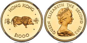 British Colony. Elizabeth II gold Proof "Year of the Pig" 1000 Dollars 1983 PR69 Ultra Cameo NGC, KM51. Mintage: 22,000. Lunar series. AGW 0.4708 oz
...