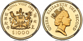 British Colony. Elizabeth II gold Proof "Royal Visit" 1000 Dollars 1986 PR69 Ultra Cameo NGC, KM57. Mintage: 12,000. Struck to commemorate the Royal V...
