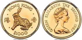 British Colony. Elizabeth II gold "Year of the Rabbit" 1000 Dollars 1987 MS70 NGC, KM58. Lunar series. A pristine specimen radiating with full mint br...