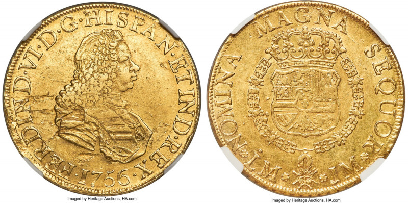 Ferdinand VI gold 8 Escudos 1756 LM-JM AU58 NGC, Lima mint, KM59.1, Cal-771. Lig...