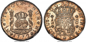 Charles III 8 Reales 1772 LM-JM MS60 NGC, Lima mint, KM64.2, Cal-1034. Pillar type, one dot variety. The final year of production for the instantly re...