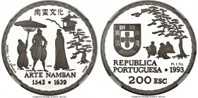 Republic platinum Proof "Arte Namban" 200 Escudos 1993-INCM PR70 Ultra Cameo NGC, KM668c, Fr-173a. Mintage: 2,000. APtW 0.9995 oz. 

HID09801242017...