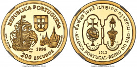 Republic gold Proof "Portuguese in Siam" 200 Escudos 1996-INCM PR70 Ultra Cameo NGC, KM689b, Fr-182. Mintage: 3,000. AGW 0.8019 oz. 

HID09801242017...