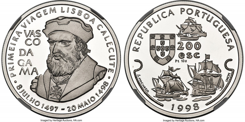 Republic platinum Proof "Vasco de Gama" 200 Escudos 1998-INCM PR69 Ultra Cameo N...