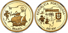 Republic gold Proof "Brazil - Ship" 200 Escudos 1999-INCM PR69 Ultra Cameo NGC, KM718b, Fr-196. Mintage: 1,000. AGW 0.8017 oz. 

HID09801242017

©...