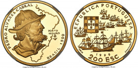 Republic gold Proof "Brazil - Pedro Cabral" 200 Escudos 1999-INCM PR69 Ultra Cameo NGC, KM717b, Fr-197. Mintage: 1,000. AGW 0.8017 oz. 

HID09801242...