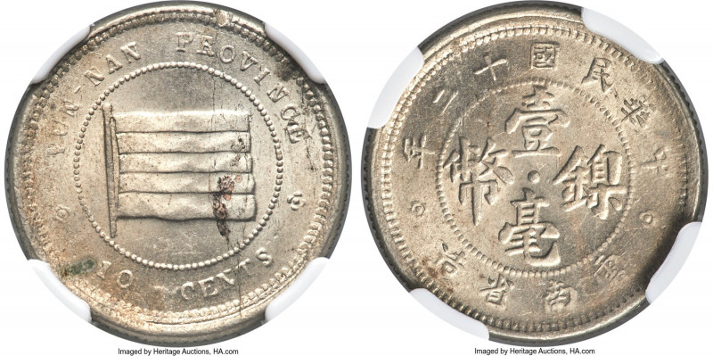 Yunnan. Republic 10 Cents Year 12 (1923) MS62 NGC, KM-Y486. Lustrous peripheries...