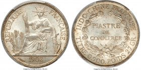 French Colony Piastre 1903-A MS62 PCGS, Paris mint, KM5a.1, Lec-286. Visually bold owing to sharply outlined devices, these embellished by blushes of ...