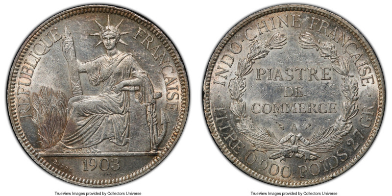 French Colony Piastre 1903-A MS60 PCGS, Paris mint, KM5a.1, Lec-286. A lustrous ...