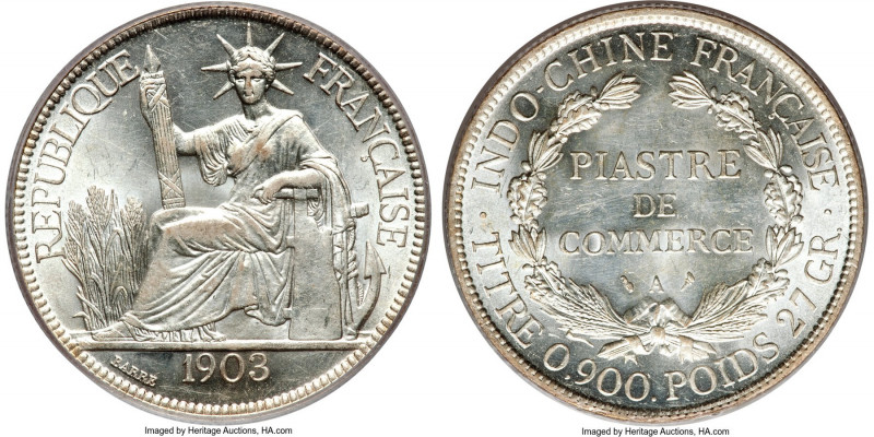 French Colony Piastre 1903-A AU58 PCGS, Paris mint, KM5a.1, Lec-286. Stunningly ...