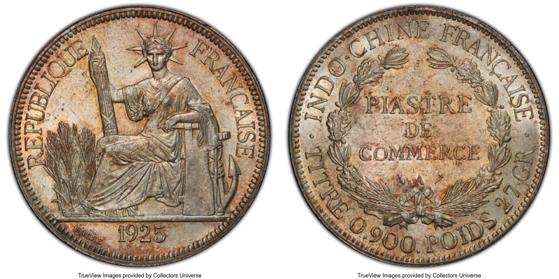 French Colony Piastre 1925-A MS62 PCGS, Paris mint, KM5a.1, Lec-301. Distinctive...