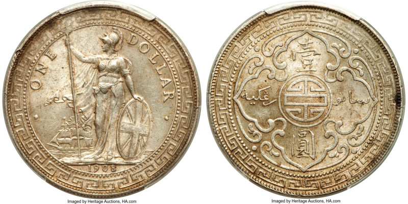 Edward VII Trade Dollar 1908-B MS63 PCGS, Bombay mint, KM-T5, Prid-18. Decorated...