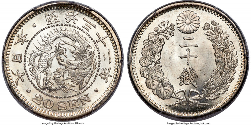 Meiji 20 Sen Year 32 (1899) MS66 PCGS, KM-Y24, JNDA 01-21. A true jewel that dis...