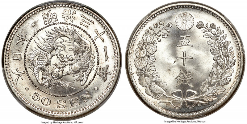 Meiji 50 Sen Year 31 (1898) MS66+ PCGS, KM-Y25, JNDA 01-14. Stem Cut Facing Up v...