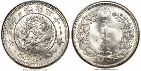 Meiji 50 Sen Year 31 (1898) MS66+ PCGS, KM-Y25, JNDA 01-14. Stem Cut Facing Up variety. A true prize for the conditionally discriminating collector, a...