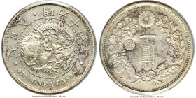 Meiji Counterstamped Yen Year 30 (1897) AU53 PCGS, KM-Y28a.1, JNDA 01-10B. Gin counterstamp to left of characters. Counterstamped upon Meiji Year 14 (...