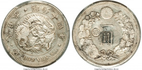 Meiji Counterstamped Yen Year 30 (1897) AU53 PCGS, KM-Y28a.1, JNDA 01-10B. Gin counterstamp to left of characters. Counterstamped upon Meiji Year 14 (...
