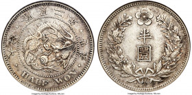 Yung Hi 1/2 Won Year 2 (1908) AU55 NGC, KM1141. Revealing modest high point wear and traces of residual luster under a sheath of light silver tone. 
...