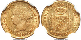 Spanish Colony. Isabel II gold Peso 1865 AU55 NGC, KM142. Flashy despite light circulation wear, with satin brilliance framing the margins.

HID0980...