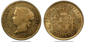 Spanish Colony. Isabel II gold Peso 1868 AU58 PCGS, Manila mint, KM142. Lustrous and exhibiting a touch of highpoint wear alongside scattered hints of...