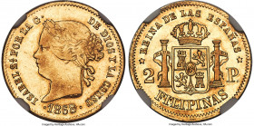 Spanish Colony. Isabel II gold 2 Pesos 1868 AU55 NGC, Manila mint, KM143. Harvest gold in color with light touches of apricot tone displayed against n...