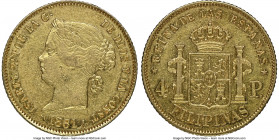 Spanish Colony. Isabel II gold 4 Pesos 1861/51 XF40 NGC, Manila mint, cf. KM144 (overdate unlisted), Cal-852 (same). The first year for the type, and ...