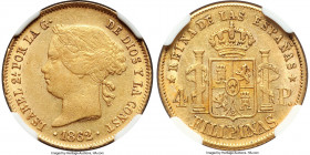 Spanish Colony. Isabel II gold 4 Pesos 1862 AU55 NGC, Manila mint, KM144. A desirable example whose surfaces appear slightly pale from light, balanced...