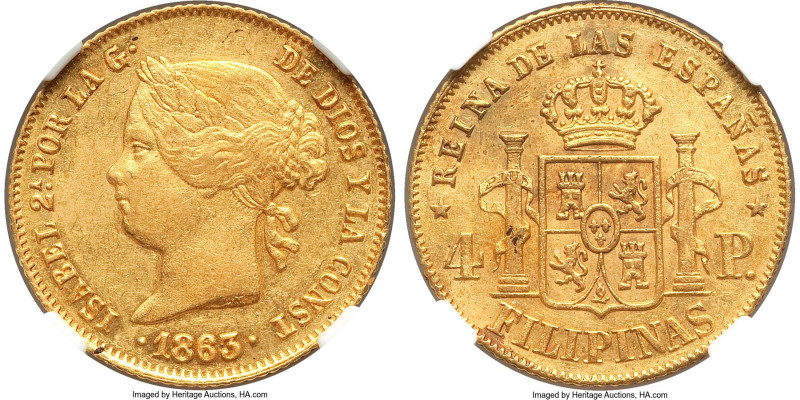 Spanish Colony. Isabel II gold 4 Pesos 1863/53 AU58 NGC, Manila mint, KM144, Cal...