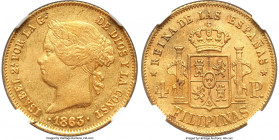 Spanish Colony. Isabel II gold 4 Pesos 1863/53 AU58 NGC, Manila mint, KM144, Cal-855. A popular overdate variety whose condition lies at the very boun...