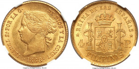 Spanish Colony. Isabel II gold 4 Pesos 1868 AU58 NGC, Manila mint, KM144. Modestly circulated and retaining a high degree of satin luster that grips t...