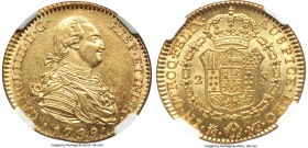 Charles IV gold 2 Escudos 1799 M-MF MS62 NGC, Madrid mint, KM435.1, Cal-1291. Tinged in a hint of amber, with rolling aurous luster that carries in a ...