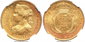 Isabel II gold 100 Reales 1861 MS63 NGC, Madrid mint, KM605.2, Cal-788. A brilliant rendition of the type produced upon a bright and luminous harvest-...
