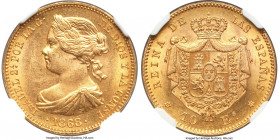 Isabel II gold 10 Escudos 1868(68) MS64+ NGC, Madrid mint, KM636.1, Cal-815. A thoroughly radiant example enveloped in a warm, golden resplendence, an...