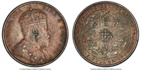 British Colony. Edward VII Dollar 1908 AU55 PCGS, KM26, Prid-7. Gently circulated and displaying splendid, semi-watery reverse iridescence, contrastin...