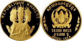CAMBODIA. 50000 Riels, 1974. PCGS PROOF-69 Deep Cameo.

Fr-8; KM-64. Mintage: 2,300. The popular 'Cambodian dancers' type, this nearly-flawless Gem ...
