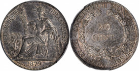 FRENCH COCHIN CHINA. 20 Centimes, 1879-A. Paris Mint. PCGS AU-58.

KM-5; Lec-21. Most handsomely toned, with a light glistening radiance in the prot...