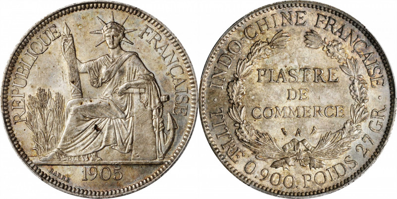 FRENCH INDO-CHINA. Piastre, 1905-A. Paris Mint. PCGS MS-62.

KM-5a.1; Lec-288;...
