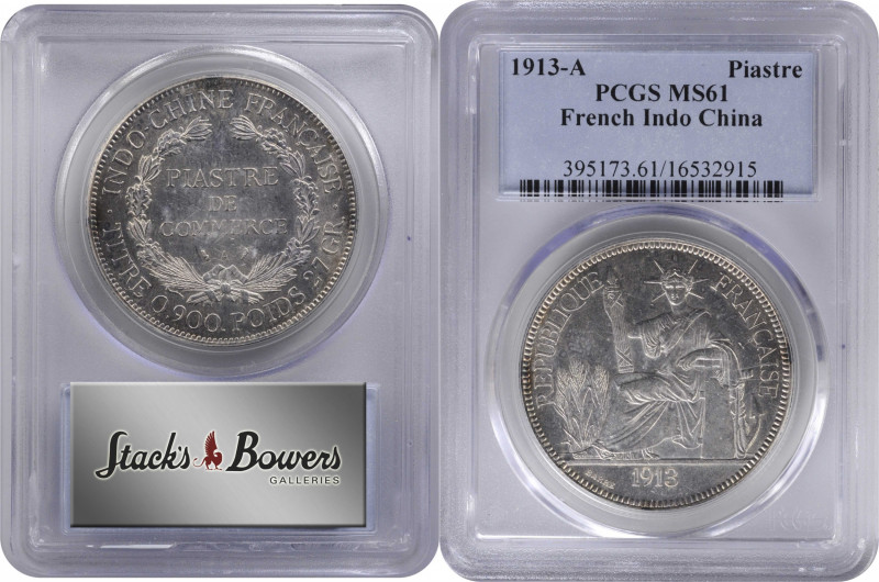 FRENCH INDO-CHINA. Piastre, 1913-A. Paris Mint. PCGS MS-61.

KM-5a.1; Lec-294;...