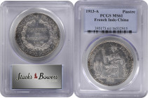 FRENCH INDO-CHINA. Piastre, 1913-A. Paris Mint. PCGS MS-61.

KM-5a.1; Lec-294; WS-1351-12. Flashy and brilliant, this Mint State specimen presents s...
