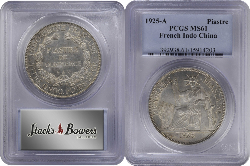 FRENCH INDO-CHINA. Piastre, 1925-A. Paris Mint. PCGS MS-61.

KM-5a.1; Lec-301;...