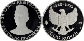 INDONESIA. 1000 Rupiah, 1970. PCGS PROOF-68 Deep Cameo.

KM-27. Commemorating the 25th anniversary of independence. Featuring a bold bust of General...