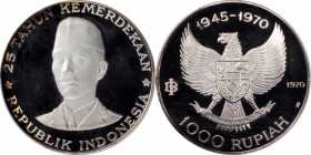 INDONESIA. 1000 Rupiah, 1970. PCGS PROOF-68 Deep Cameo.

KM-27. Struck to commemorate the 25th anniversary of independence. This example is sharply ...