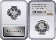 INDONESIA. 200 Rupiah, 1970. NGC PROOF-68 Ultra Cameo.

KM-23. Mintage: 5,100. Commemorating the 25th anniversary of independence and displaying a b...