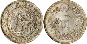 JAPAN. Yen, Year 24 (1891). Osaka Mint. Mutsuhito (Meiji). PCGS AU-53.

KM-Y-28a.2; JNDA-01-10C; JC-09-10-4. "Gin" countermark in left reverse field...