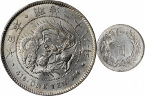 JAPAN. Yen, Year 28 (1895). Osaka Mint. Mutsuhito (Meiji). PCGS AU-58.

KM-Y-28a.2; JNDA-01-10C; JC-09-10-4. "Gin" countermark in left reverse field...