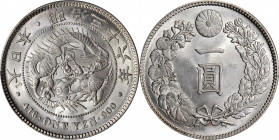 JAPAN. Yen, Year 36 (1903). Osaka Mint. Mutsuhito (Meiji). PCGS MS-63.

KM-Y-A25.3; JNDA-01-10A; JC-09-10-2. Frosty and supremely argent, this lustr...