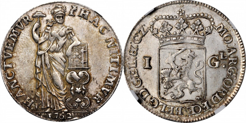 NETHERLANDS. Gelderland. Gulden, 1762. NGC MS-61.

KM-100.1. Rather elegant an...